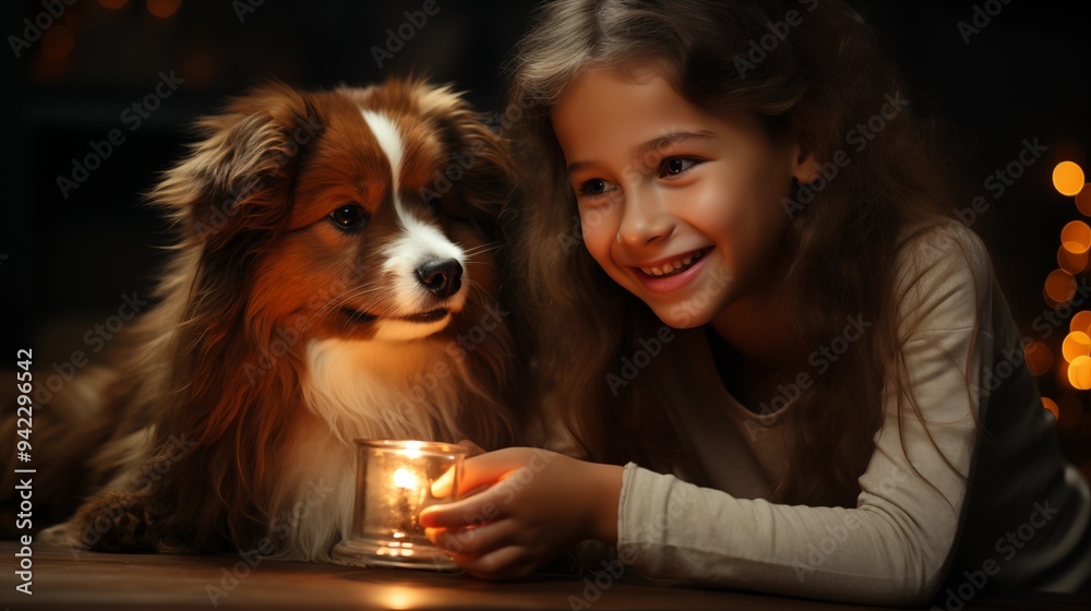 Wall mural image of happy adorable kids at home playing with dog next to the Christmas tree