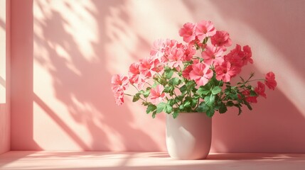 Pink Flowers in Pot with Sunlight on Pastel Pink Background