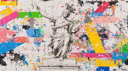 Fototapeta premium Abstract Art with Statue and Colorful Splashes