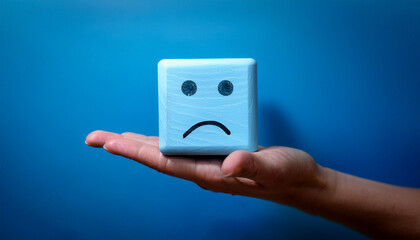 World mental health and blue monday day concept or feedback rating and positive customer review, Businessman hand holding sad face, wood cube with sadness face icon on blue background