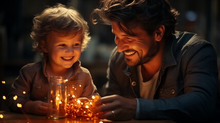 image of happy father and his little adorable son having fun with sparkler at home