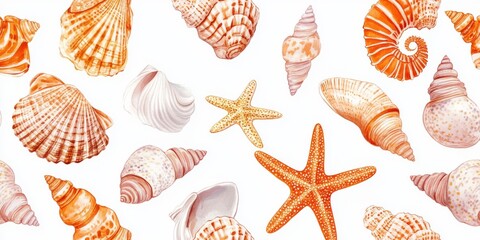 This beautiful watercolor illustration features intricately designed seashells and a vibrant starfish, making it perfect for beachthemed decor with its vivid colors that add charm