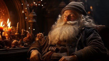 Obraz premium Image of kind and serene Santa sleeping next to the fireplace