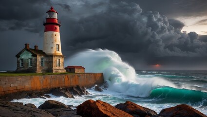 A dramatic lighthouse stands resilient against crashing waves and ominous storm clouds, highlighting nature's power near coastal shores.