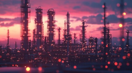 Industrial Plant Silhouettes at Sunset with Bokeh Lights