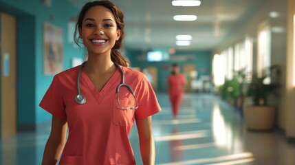 Smiling Female Doctor in Hospital Corridor
