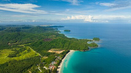 Aerial drone of island of Borneo with rainforest and mountains. The Tip of Borneo, Malaysia.