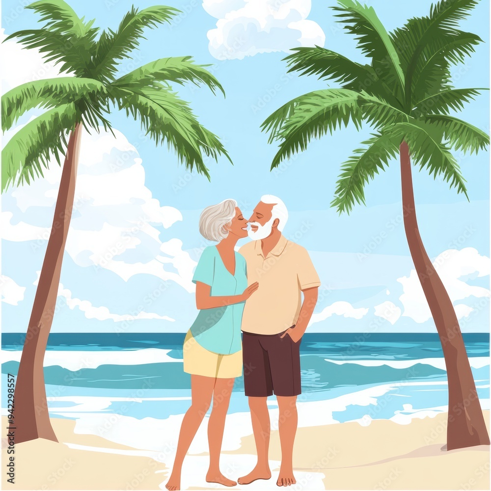 Canvas Prints An elderly couple standing on the beach under palm trees, AI