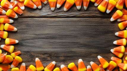 a candy corn border for a blank Halloween sign with a rustic wood center area for a custom message - a fun graphic trick or treat frame with Copyspace, trunk or treat