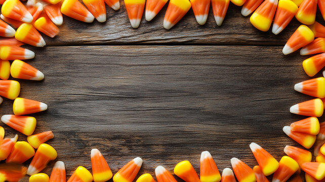 a candy corn border for a blank Halloween sign with a rustic wood center area for a custom message - a fun graphic trick or treat frame with Copyspace, trunk or treat