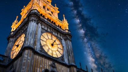 Majestic view of a clock tower illuminated against a starry night, showcasing the Milky Way. Perfect for travel and architectural themes.