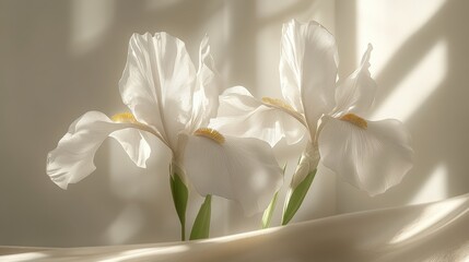 White Iris Flowers with Sunlight and Soft Fabric
