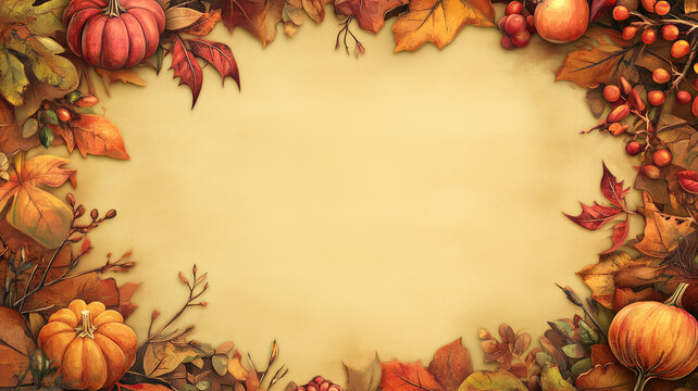 A blank thanksgiving  themed sign with blank copyspace for a custom message - pumpkins, leaves and fall elements make a border for signage, menu invitation or poster