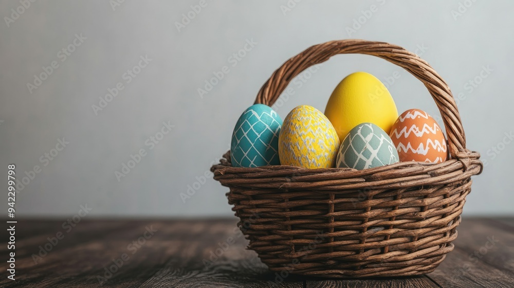 Poster colorful easter eggs in basket . with copy space