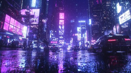 Obraz premium Neon Cityscape Raining Night Digital Art Cyberpunk Urban Scene