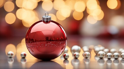 image of red Christmas silver ball placed on table against glowing white background