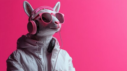 Obraz premium Cool Bunny Wearing Headphones and Sunglasses on Pink Background