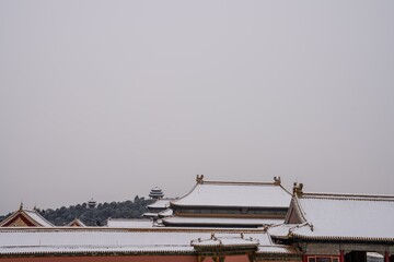 Snow-covered rooftops of traditional Chinese buildings with a distant tree-covered hill in the...