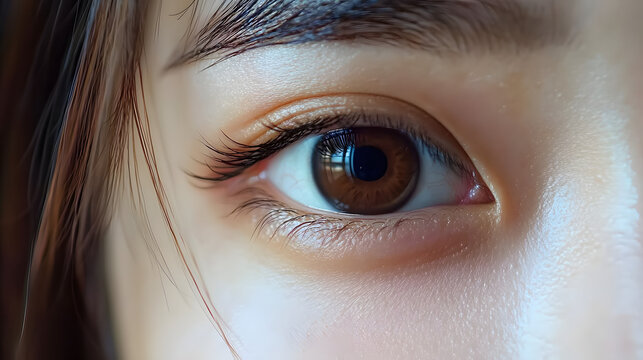 Beautiful brown Asian Eye Close Up. Female sight closeup. Girl blink, looking, macro view.