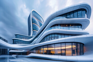 A futuristic cityscape with tall buildings and a large body of water, generative ai.