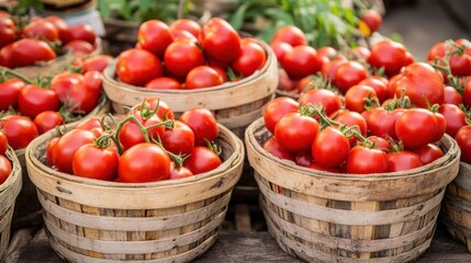 A bunch of baskets filled with tomatoes are sitting on a table, AI