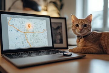 Ginger cat with GPS tracking collar and route tracking app on table with sensor. Cat beside laptop.