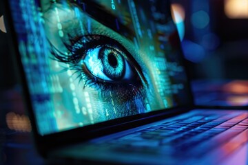 A close-up view of a laptop's screen showing an eye icon, great for technology and digital communication concepts