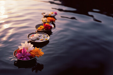 a serene Indian ritual performed by the riverside at sunrise, with offerings of flowers floating on the water