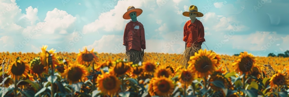 Sticker two scarecrows amidst a field of sunflowers