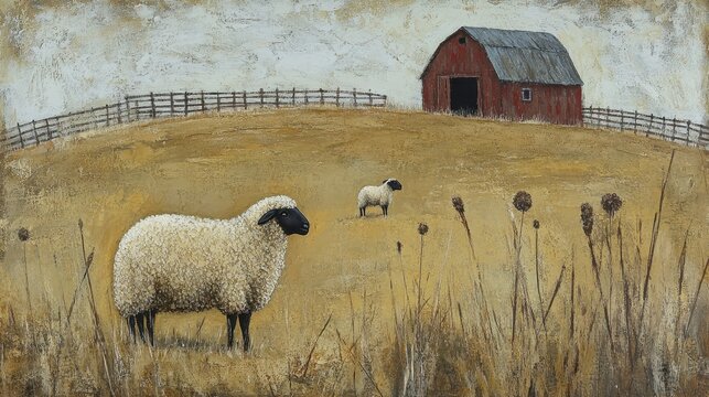 Two Sheep In Front of a Red Barn Painting