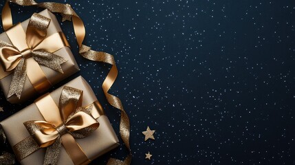 gifts with golden bows and ribbons placed on background near stars with copy space