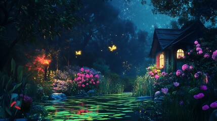 night in the garden with firefly