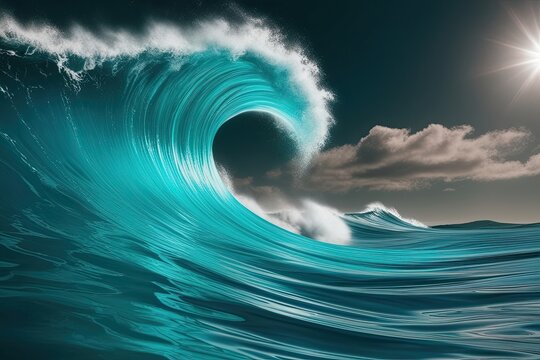 Vibrant Turquoise Electric Wave with 3D Rift on Dark Sky Background