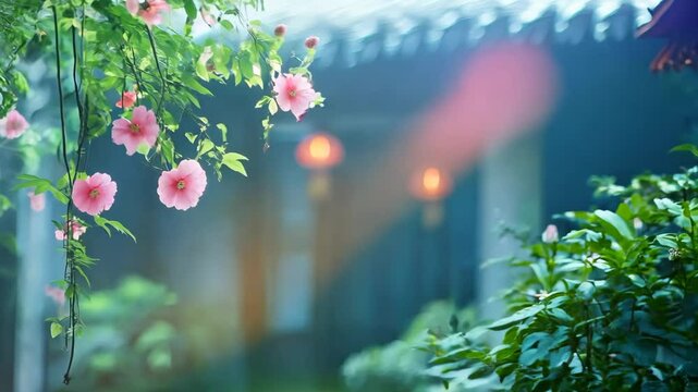 pink plum flower tree shade with old style Chinese mansion as background 