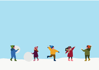 Fototapeta premium 冬に外で雪遊びをする子供たちのイラスト