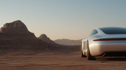  white futuristic electric concept car in the desert with mountains and sand at sunset