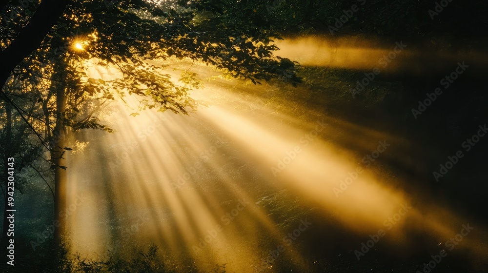 Wall mural Golden hour sunlight streaming through forest