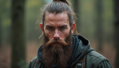 Rugged man with intense gaze and long beard in forest setting, embodying wilderness and masculinity