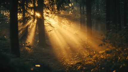 Obraz premium Golden hour sunlight streaming through forest