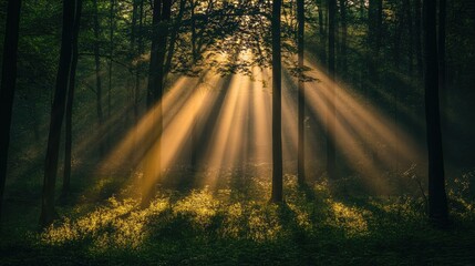 Obraz premium Golden hour sunlight streaming through forest