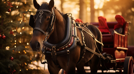 Christmas Horse And Carriage With Red Seats Winter Holiday Scene