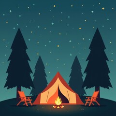 Cozy camping scene under starry sky: glowing tent and campfire surrounded by pine trees in stylized nighttime illustration