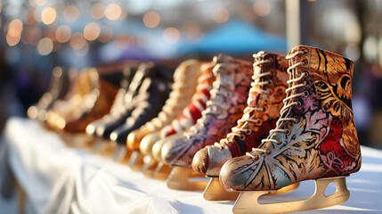 Artistic Ice Skates With Gold Blades In Festive Outdoor Setting