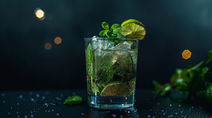 Mojito cocktail with mint in dark