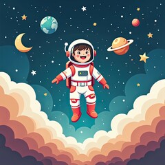 Cheerful cartoon astronaut floating in space surrounded by planets, stars, and colorful clouds in a whimsical illustration.