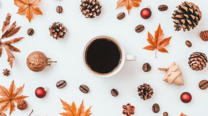 Autumnal Coffee Break Flat Lay with Pine Cones  Coffee Beans and Red Ornaments