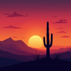 Silhouette of saguaro cactus against vibrant desert sunset, mountains in background, dramatic sky with glowing sun and clouds