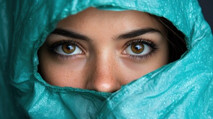 Naklejka premium A woman with brown eyes peeking out of a blue cloth, AI