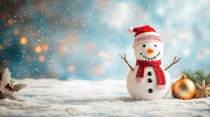 Happy snowman standing in christmas landscape. Snow background with copy space