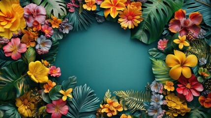 Tropical Floral Frame with Green Leaves on Teal Background